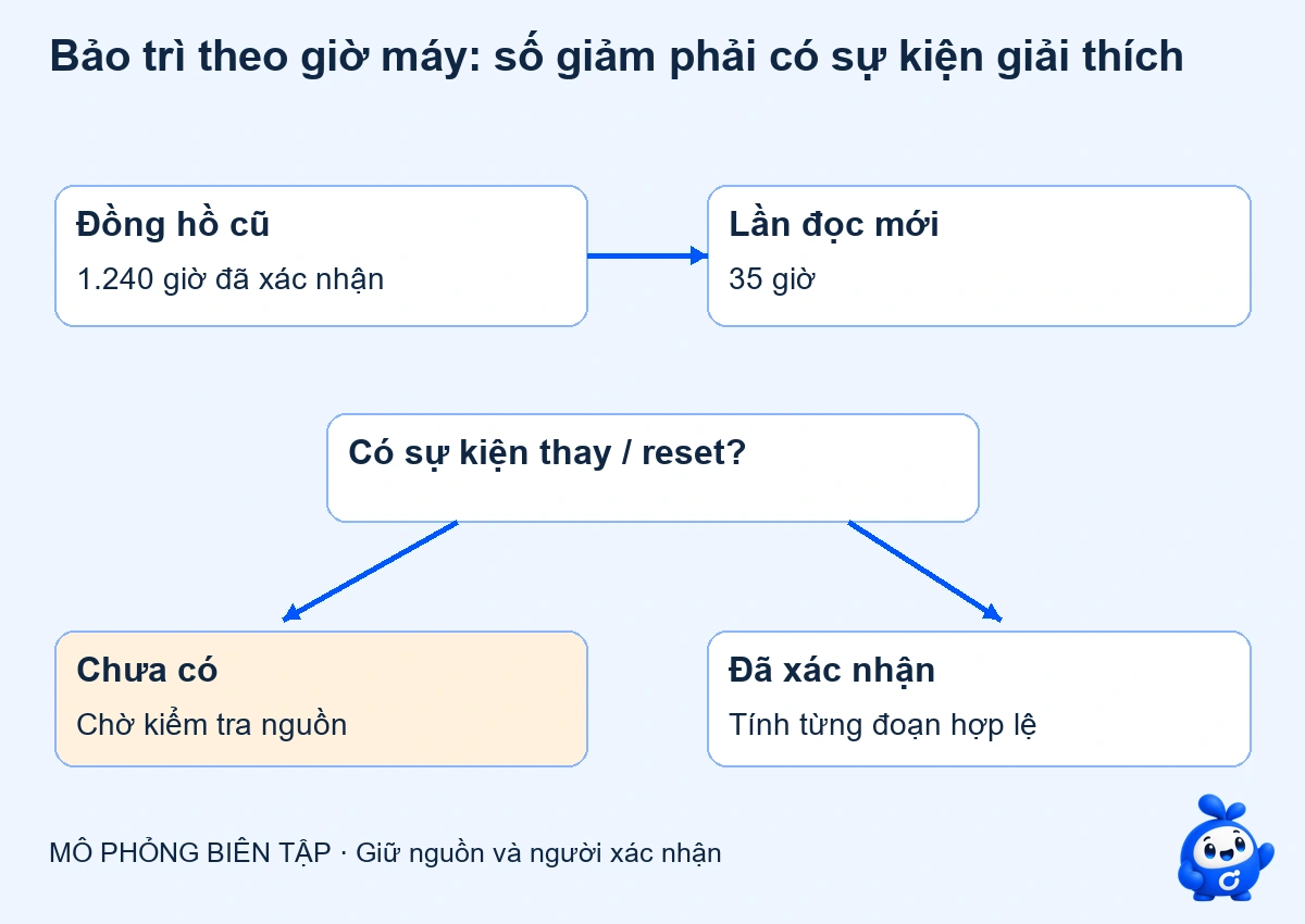 AI bảo trì theo giờ máy: xử lý số đọc thiếu và đồng hồ thay mới